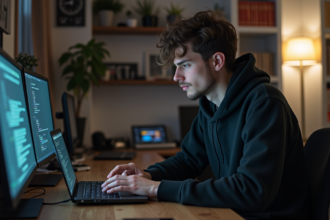 Jeune hacker concentré sur son ordinateur dans un appartement