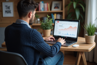 Jeune homme en bureau analysant ses statistiques YouTube