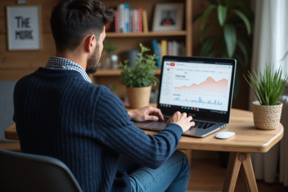 Jeune homme en bureau analysant ses statistiques YouTube