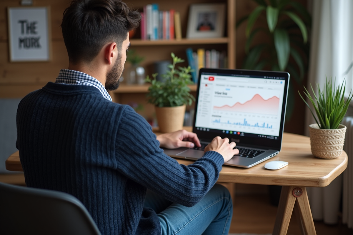 Jeune homme en bureau analysant ses statistiques YouTube