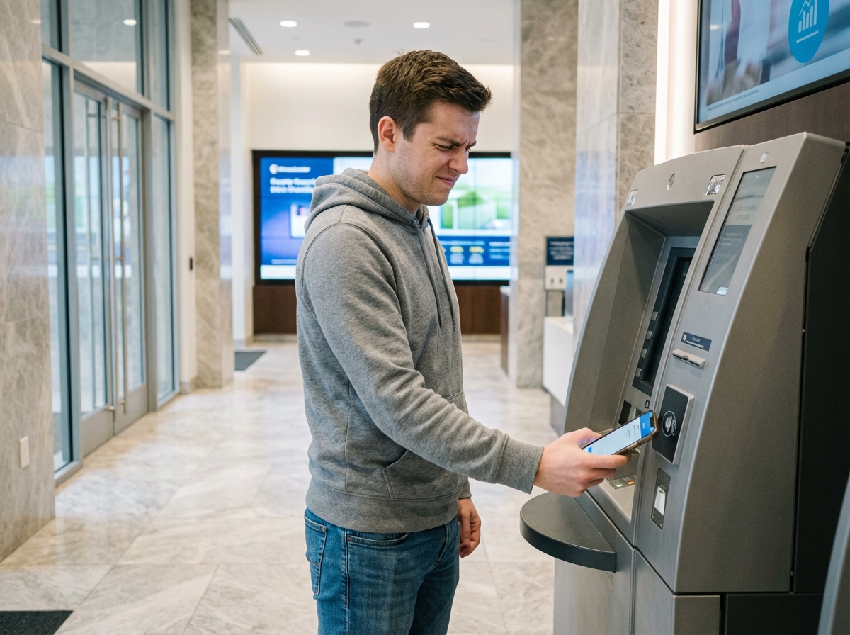Jeune homme utilisant un distributeur automatique dans une banque moderne