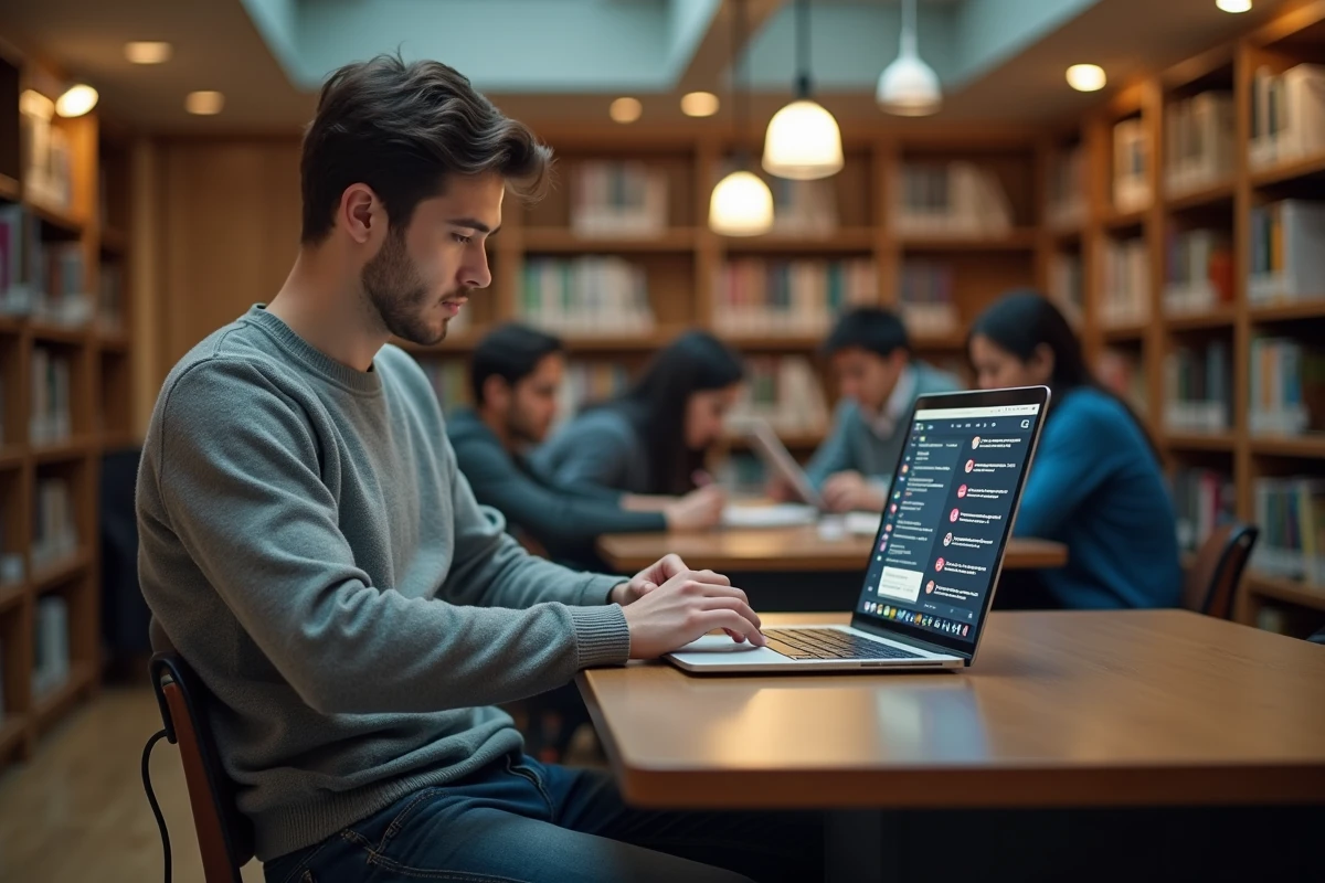 Jeune homme étudiant vérifiant ses emails à la bibliothèque