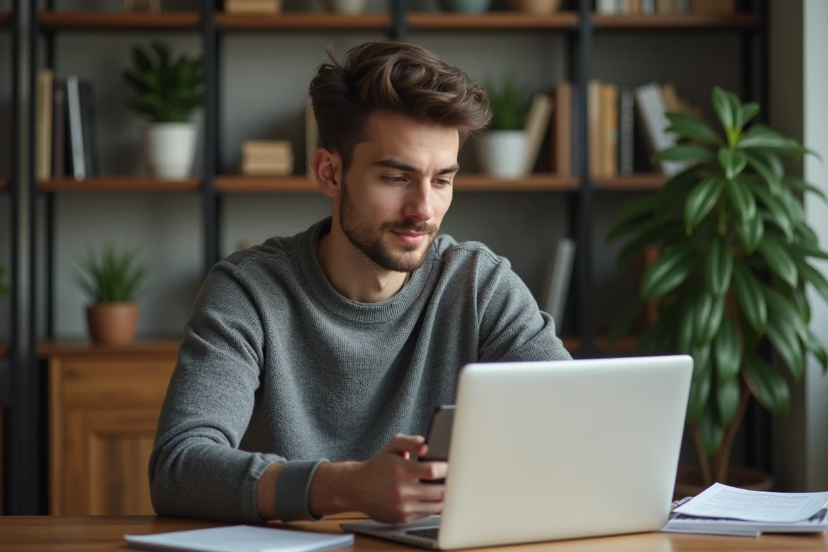 Jeune homme en bureau moderne utilisant ordinateur et smartphone