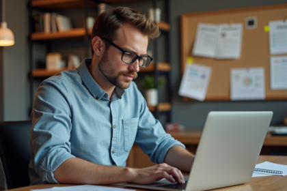 Jeune homme en bureau avec ordinateur portable et étagères
