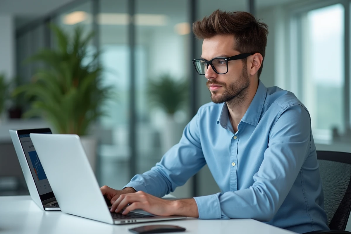 Jeune homme professionnel compare deux sites web au bureau