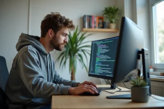 Jeune homme en hoodie travaillant sur son ordinateur dans un bureau cosy