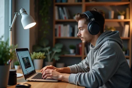 Jeune homme avec casque convertissant YouTube en MP3