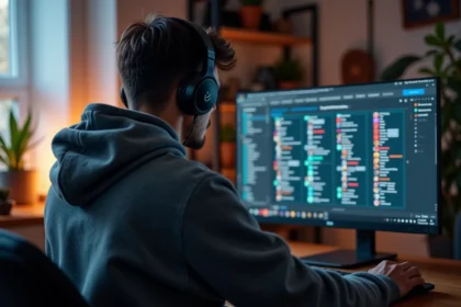 Jeune homme concentré devant son écran de jeu dans un bureau cosy