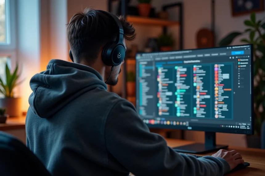 Jeune homme concentré devant son écran de jeu dans un bureau cosy