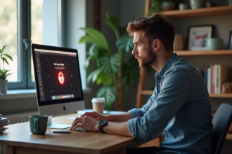 Jeune homme inquiet regardant un écran d'ordinateur avec avertissement de securite