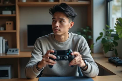 Jeune homme avec manette de jeu dans un bureau moderne
