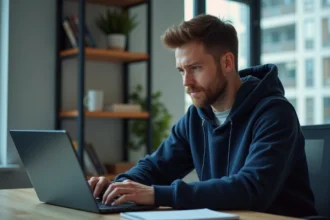 Jeune homme en hoodie vérifiant son ordinateur pour la sécurité