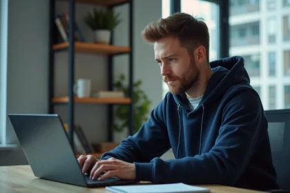 Jeune homme en hoodie vérifiant son ordinateur pour la sécurité