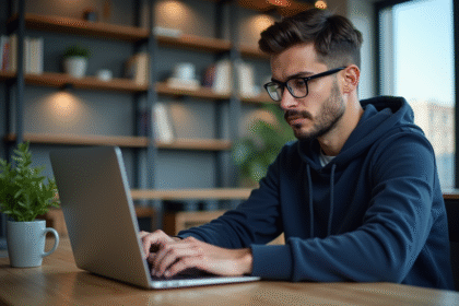 Jeune homme concentré travaillant sur son ordinateur dans un appartement urbain