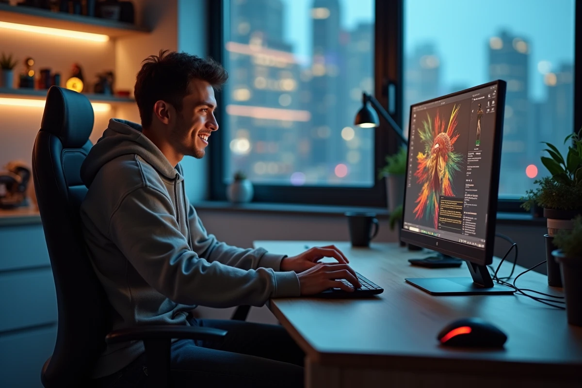 Jeune homme en streetwear utilisant un ordinateur dans un appartement urbain