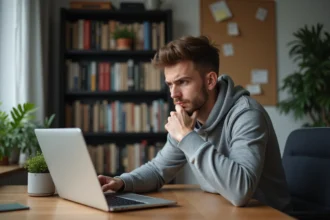 Jeune homme en réflexion devant un ordinateur portable avec erreur