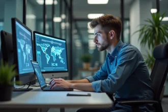 Jeune homme en bureau observant diagrammes quantiques sur ordinateur