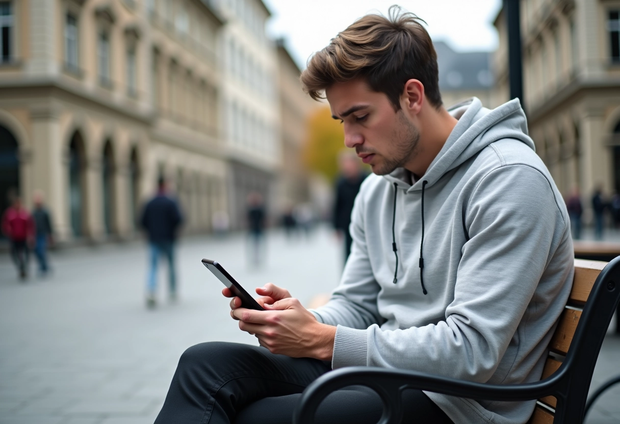 Jeune homme en hoodie vérifiant son mot de passe webmail en plein air