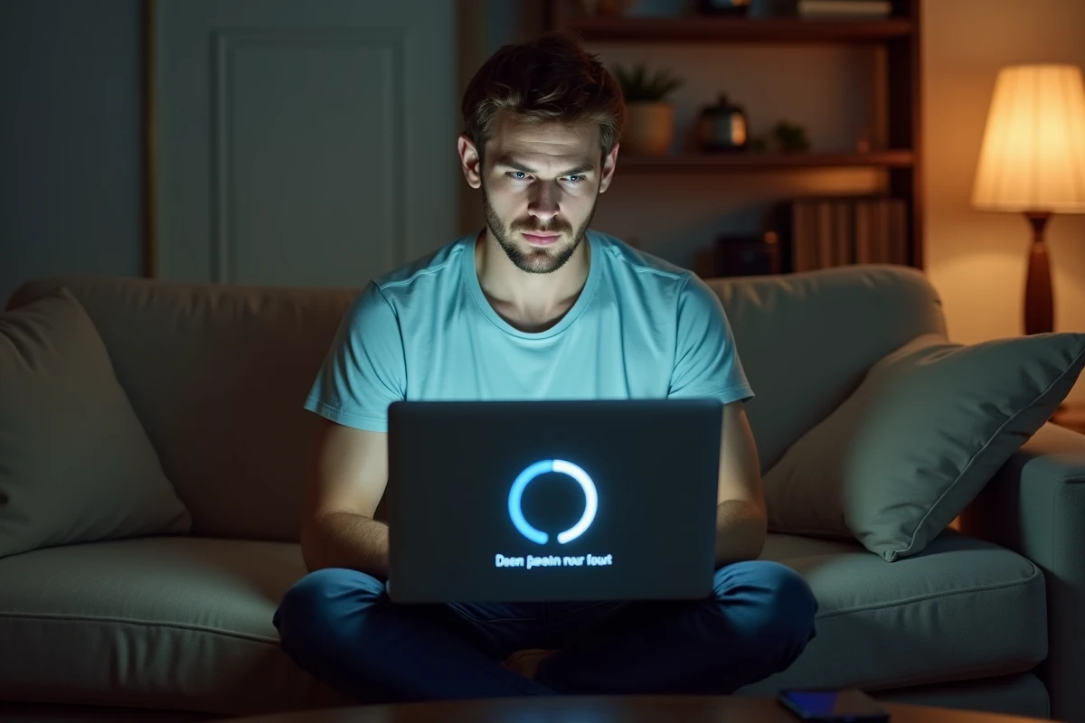 Jeune homme sur un canapé avec un ordinateur portable affichant un timeout de connexion et un routeur en arrière-plan