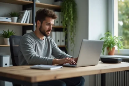 Jeune homme concentré travaillant sur son laptop dans un bureau moderne