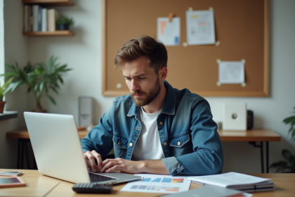 Jeune homme concentré travaillant sur son bureau pour le SEO