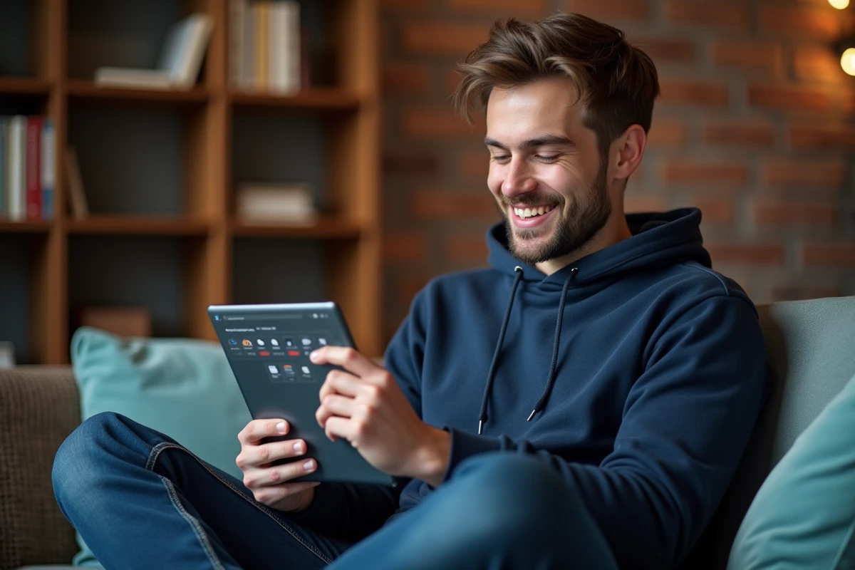 Jeune professionnel utilisant un outil PDF gratuit sur tablette dans un espace coworking cosy