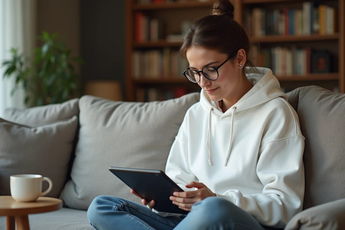 Jeune personne supprimant des pages PDF sur une tablette depuis son canapé à la maison