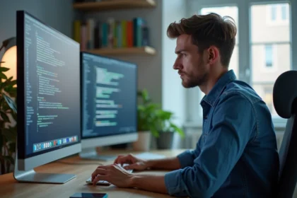 Jeune homme concentré devant un écran pixelise et étire