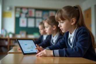 Jeunes élèves en uniforme regardant une tablette en classe