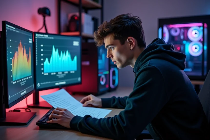 Joueur analysant une estimation de consommation électrique de PC gamer à son bureau avec plusieurs écrans affichant des graphiques d'usage