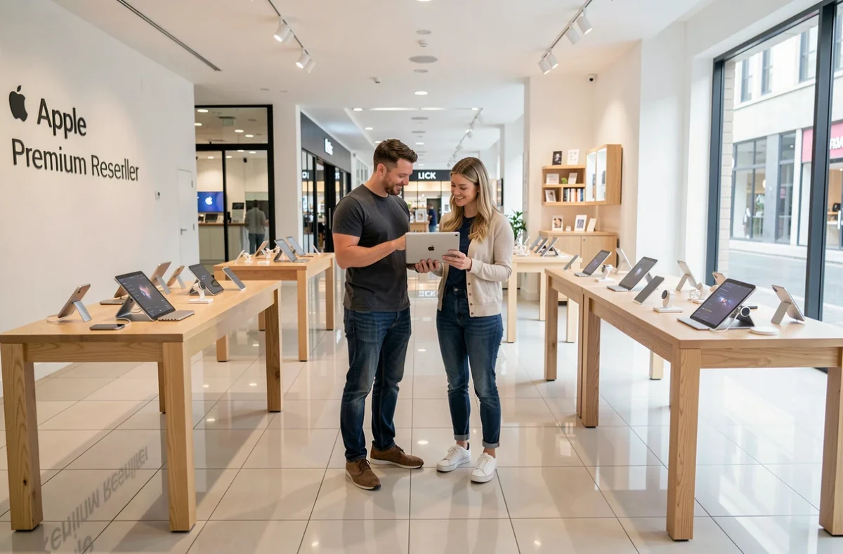Boutique LICK à Noisy-le-Grand présentant des produits Apple sur des tables en bois, avec des clients explorant iPads et accessoires