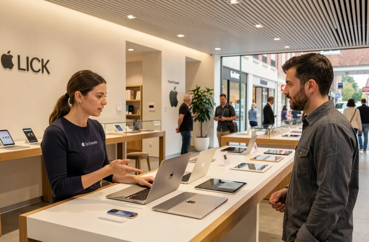 Intérieur du magasin LICK de Rosny-sous-Bois, revendeur Premium Apple, avec une conseillère présentant un MacBook à un client