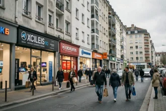 Rue commerçante animée en Seine-Saint-Denis avec des magasins d'informatique et de technologie, illustrant le meilleur de l'offre tech du département
