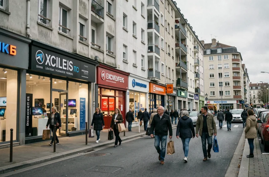Rue commerçante animée en Seine-Saint-Denis avec des magasins d'informatique et de technologie, illustrant le meilleur de l'offre tech du département