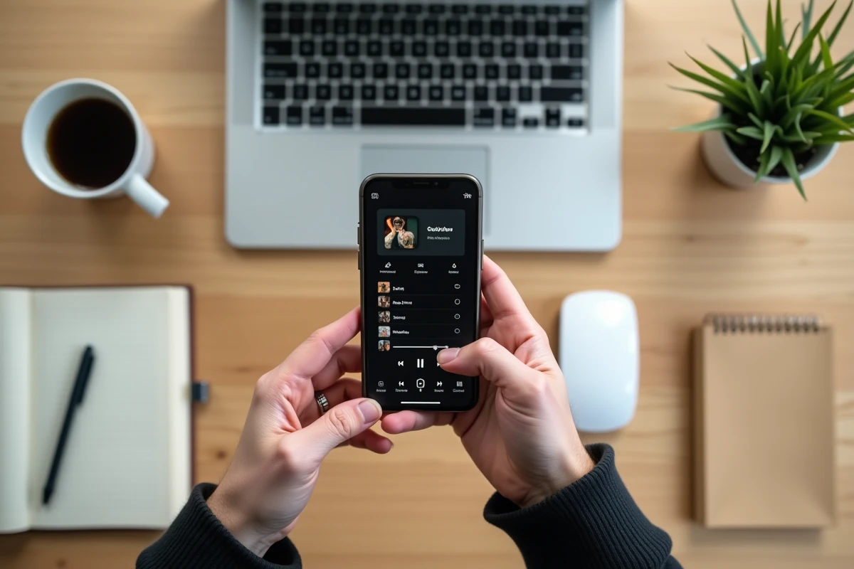Mains tenant un smartphone avec une application musicale sur un bureau, illustrant le choix d'un convertisseur MP3 gratuit