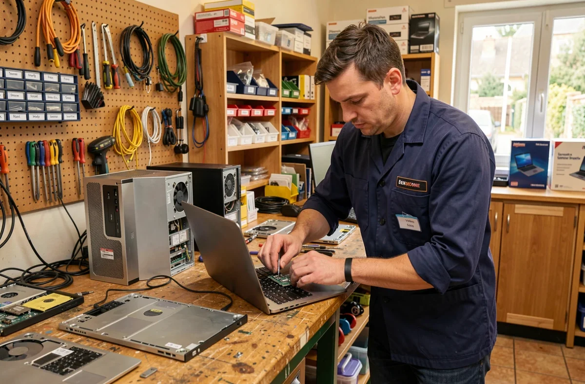 Technicien de Mekatek Services réparant un ordinateur portable ouvert dans son atelier informatique en Seine-Saint-Denis