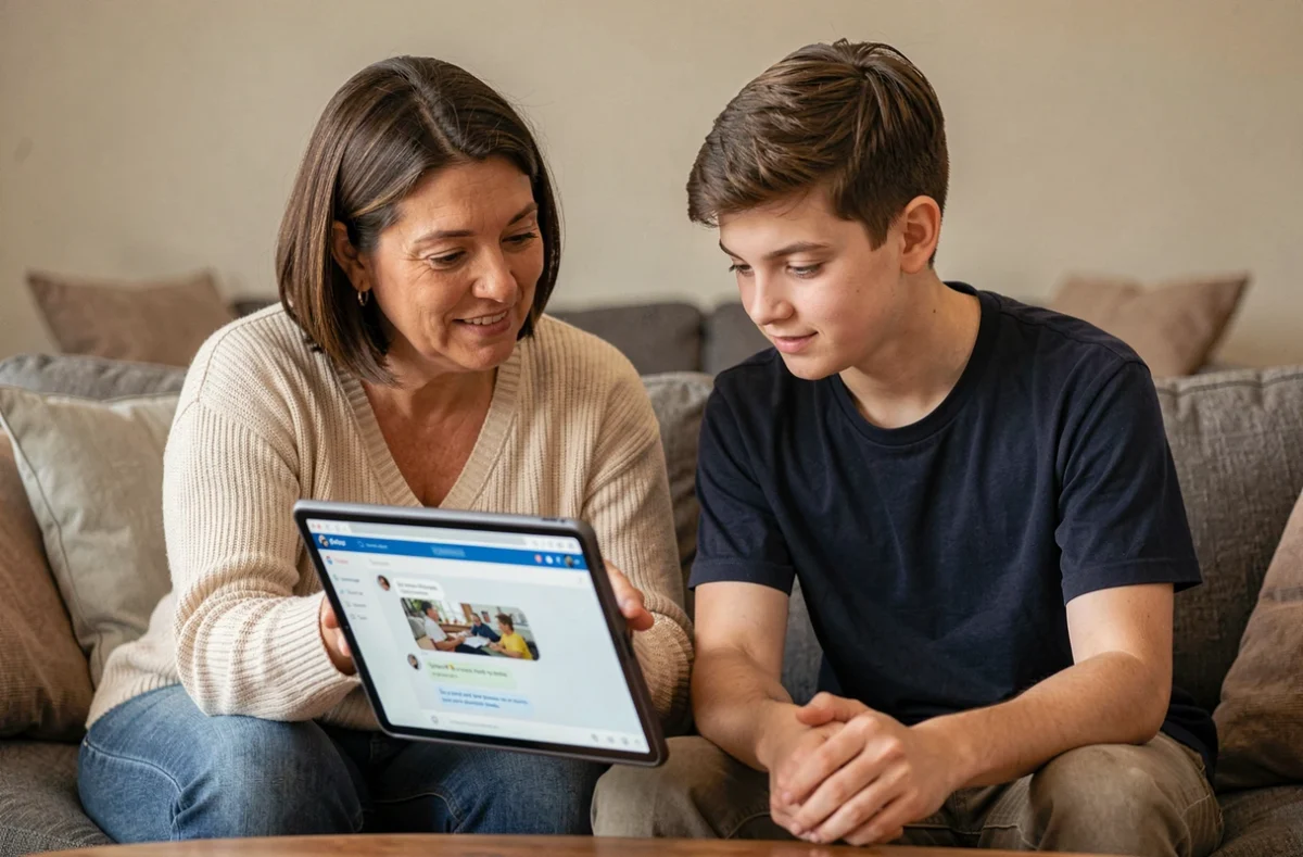 Mère et adolescent consultant ensemble la messagerie scolaire DSDEN 64 sur une tablette dans le salon