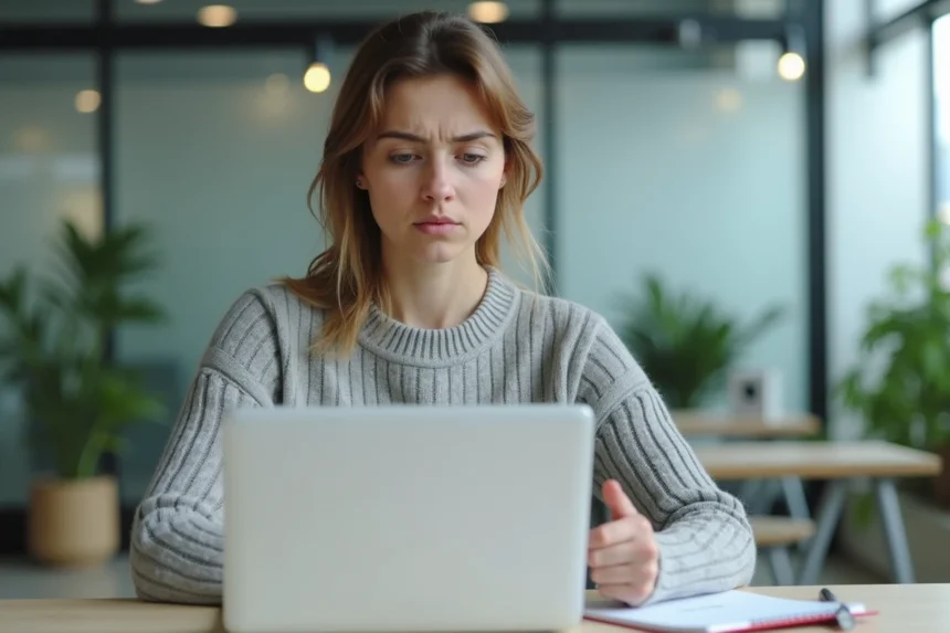 Enseignante frustrée devant sa messagerie académique Normandie pleine sur un ordinateur portable au bureau
