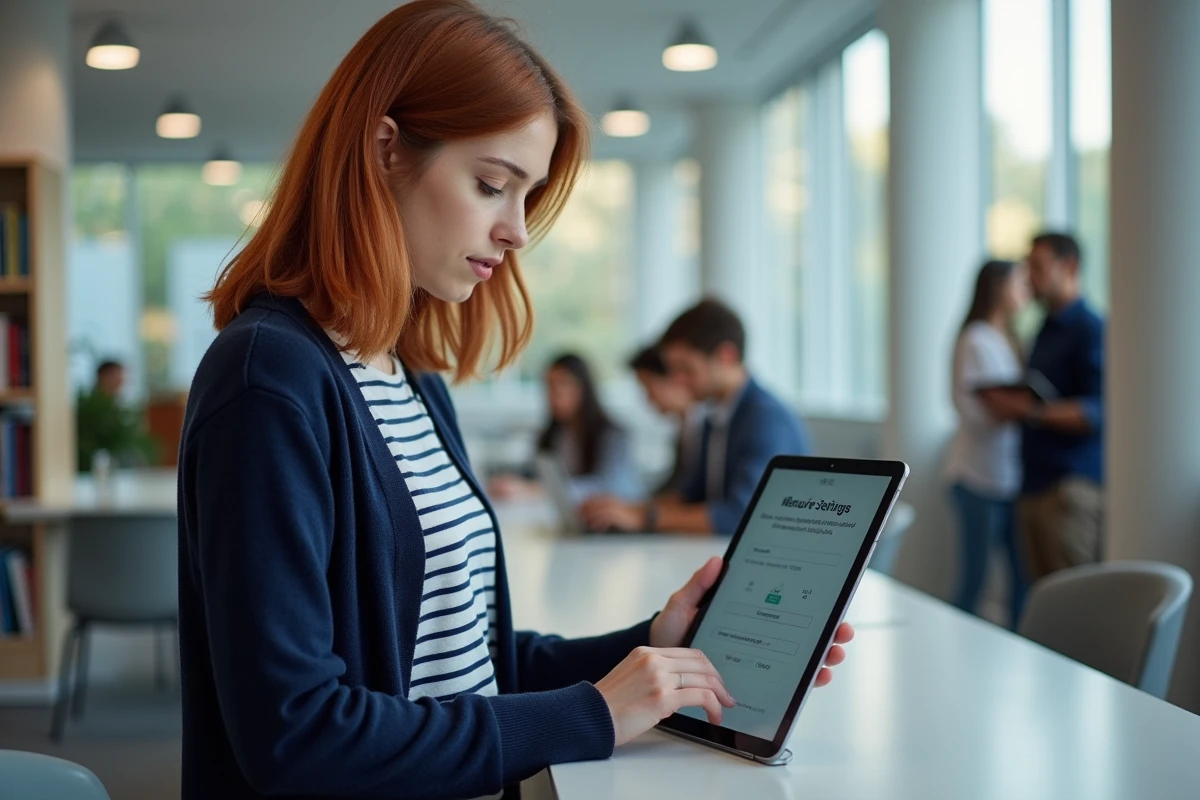 Enseignante mettant à jour son mot de passe de messagerie académique Versailles sur une tablette dans une bibliothèque moderne