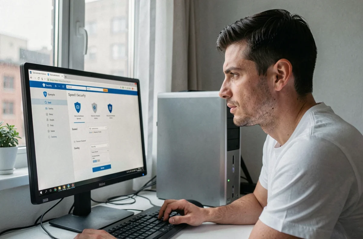 Homme configurant un navigateur rapide et sécurisé sur un ordinateur de bureau dans un appartement urbain