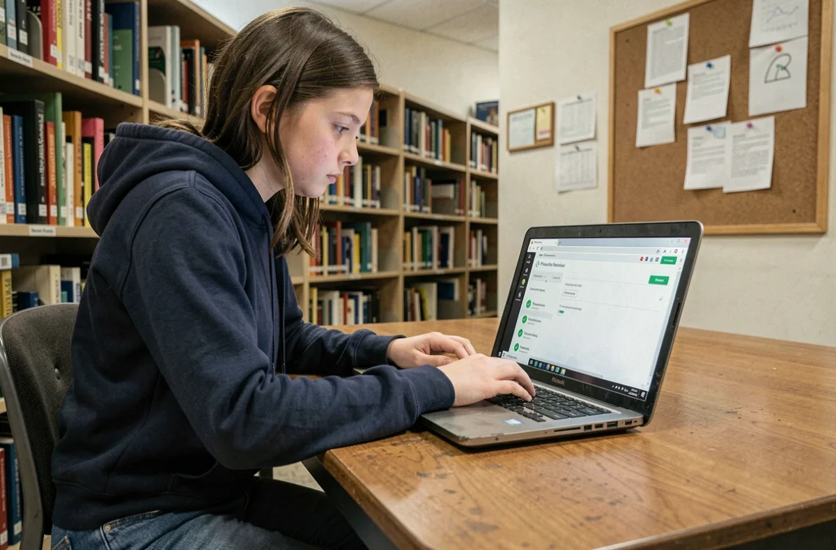 Étudiante utilisant un navigateur sécurisé léger sur un vieux laptop dans une bibliothèque scolaire