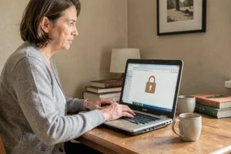 Femme utilisant un navigateur internet sécurisé sur un PC portable ancien dans un bureau à domicile