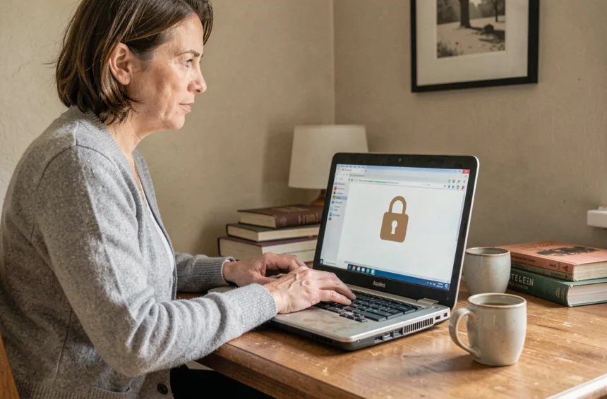Femme utilisant un navigateur internet sécurisé sur un PC portable ancien dans un bureau à domicile