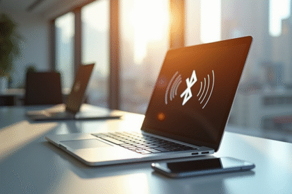 Ordinateur portable et smartphone avec WiFi et Bluetooth en bureau lumineux