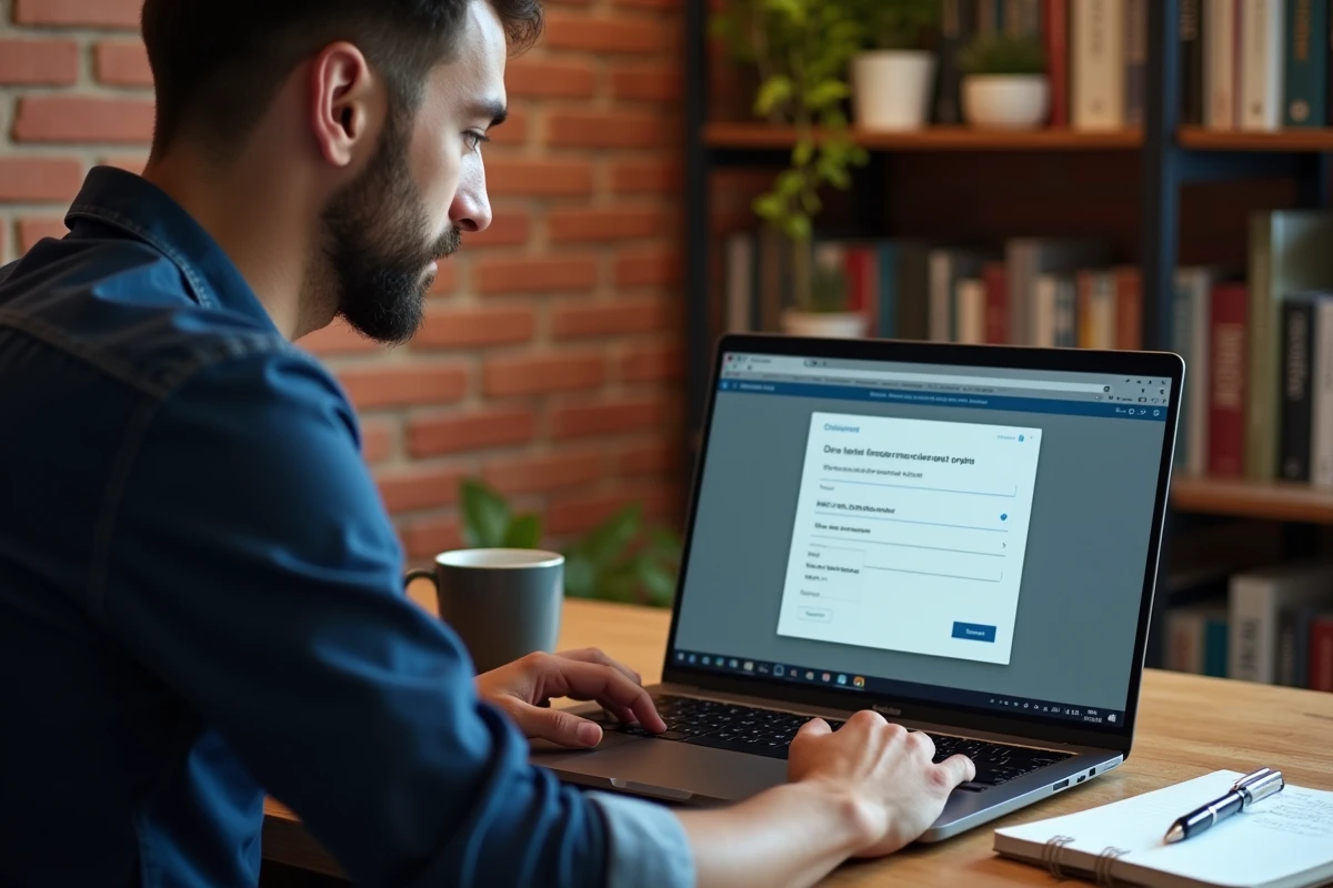Homme configurant les paramètres IMAP et SMTP de Thunderbird sur un ordinateur portable dans un bureau à domicile