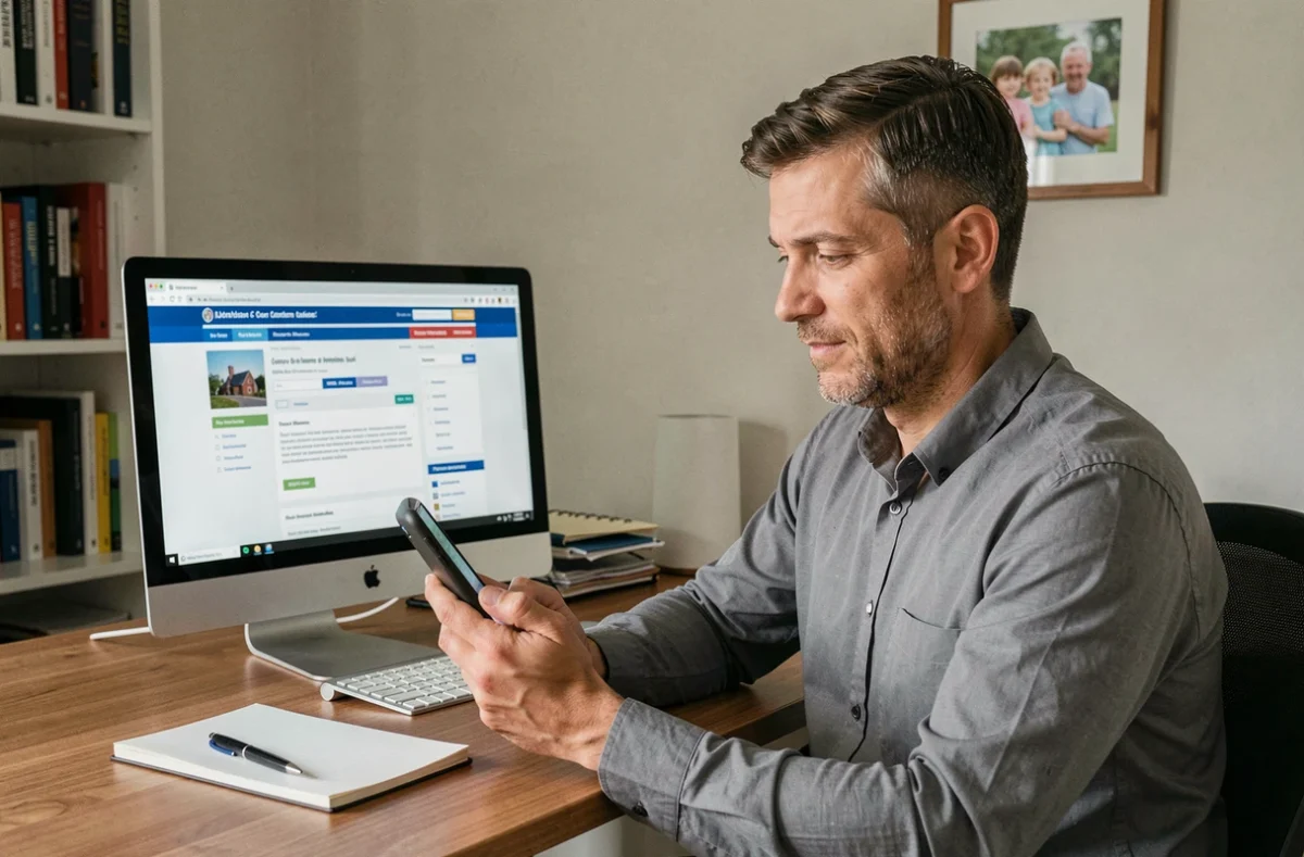 Père d'élève vérifiant les communications scolaires DSDEN 64 sur smartphone et ordinateur de bureau à domicile