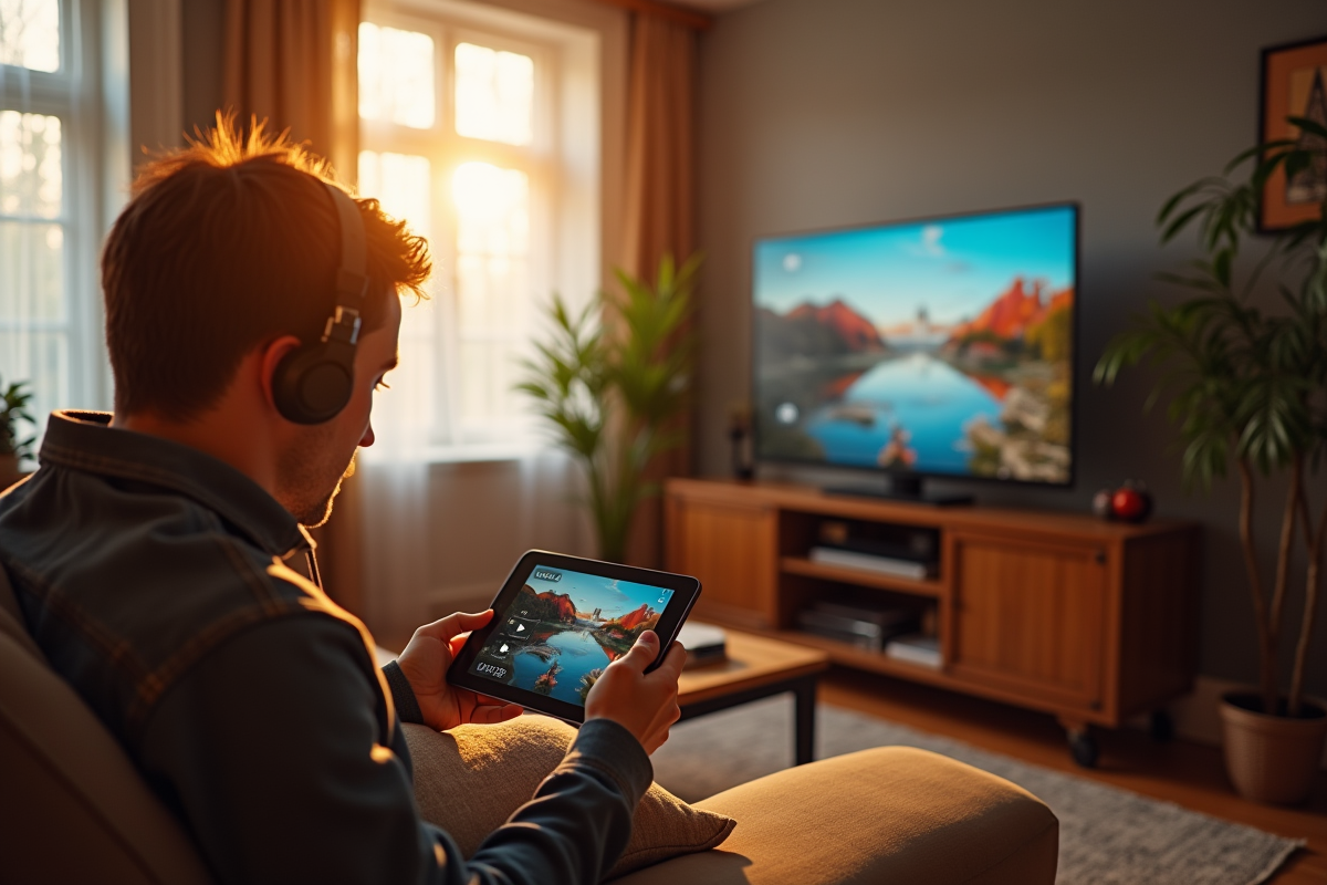 Deux personnes utilisant Bluetooth et WiFi dans un salon chaleureux