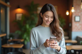Femme aux petites mains tenant un iPhone 12 dans un café, testant l'ergonomie du smartphone au quotidien