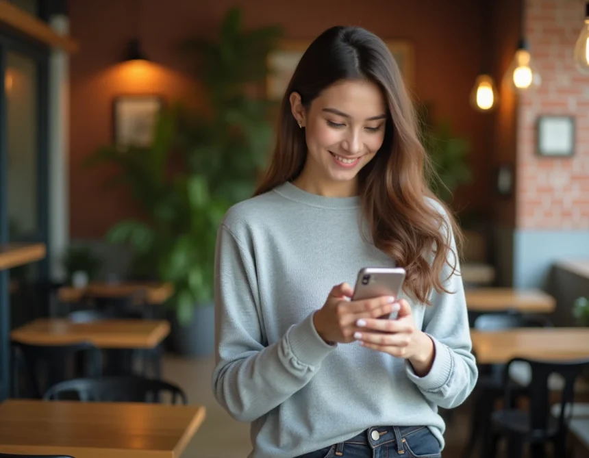 Femme aux petites mains tenant un iPhone 12 dans un café, testant l'ergonomie du smartphone au quotidien