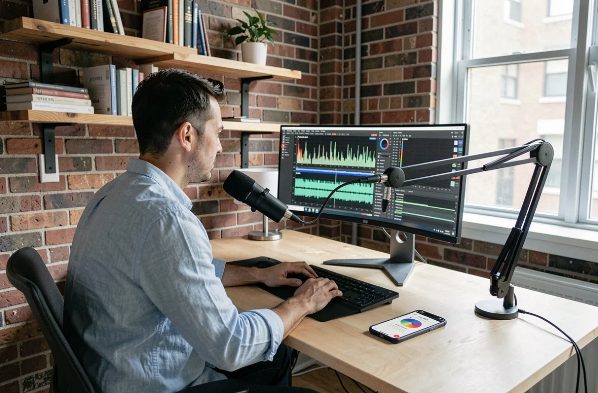 Podcasteur enregistrant un épisode dans un bureau moderne avec un microphone USB et un logiciel d'édition audio affichant des fichiers MP3 convertis depuis YouTube